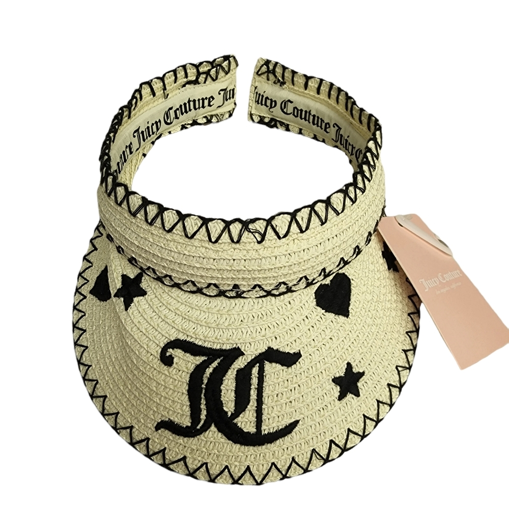 JUICY COUTURE Straw Sun Visor Embroidered Logo Y2K Tennis Beach Vacation Hat - Picture 2 of 10